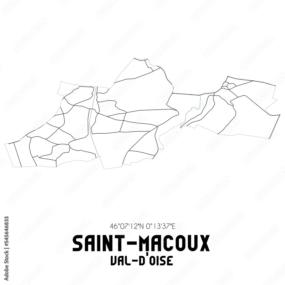 SAINT-MACOUX Val-d'Oise. Minimalistic street map with black and white lines. SAINT-MACOUX Val-d'Oise. Minimalistic street map with black and white lines.