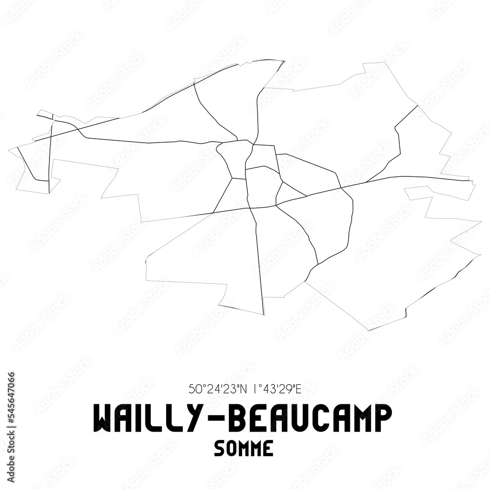WAILLY-BEAUCAMP Somme. Minimalistic street map with black and white lines.