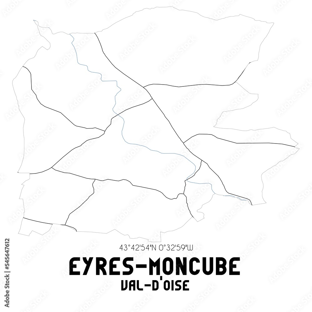 EYRES-MONCUBE Val-d'Oise. Minimalistic street map with black and white lines.