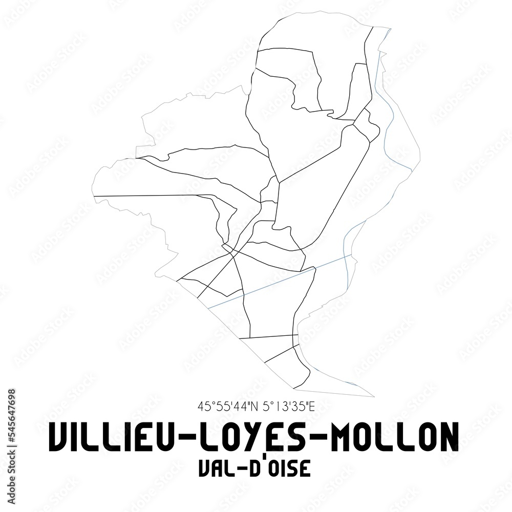 VILLIEU-LOYES-MOLLON Val-d'Oise. Minimalistic street map with black and white lines.