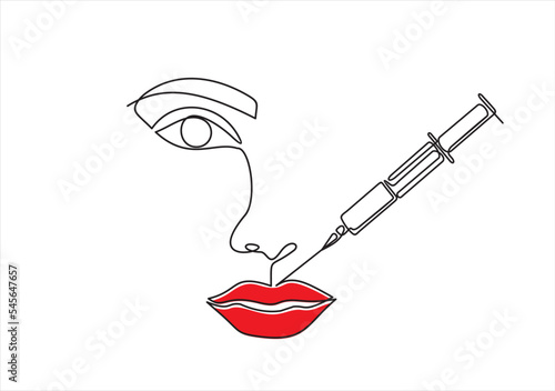 Continuous line beauty surgery concept. One line female portrait. One line syringe, lip filters