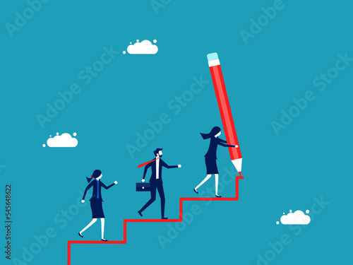 Business development leader. businesswoman draws a ladder with a big pencil and the work team walks up the ladder vector