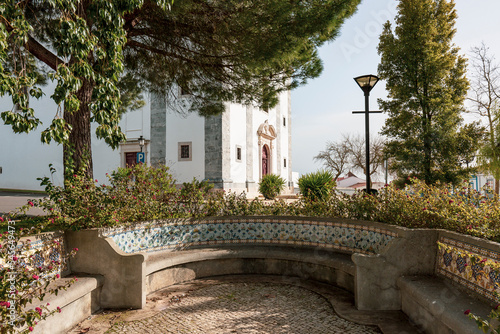 a tiled garden bench close to the Royal Basilica in Castro Verde, district of Beja, Alentejo, Portugal photo