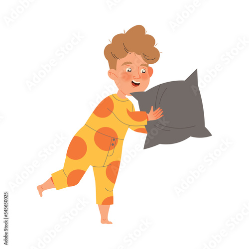 Naughty Little Boy Pillow Fighting Making Mess and Chaos Around Vector Illustration