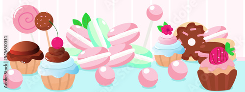 Sweets confectionery donut, muffin, lollipop, macaron. Horizontal banner illustration of sweets in cartoon style for backgrounds, design.