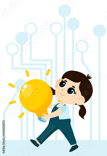 Kid Inventors Day. A girl with a large light bulb on the background of electrical circuits. Cartoon illustration isolated on white background.