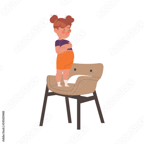 Naughty Little Girl with Grumpy Face Standing on Chair with Folded Arms Vector Illustration