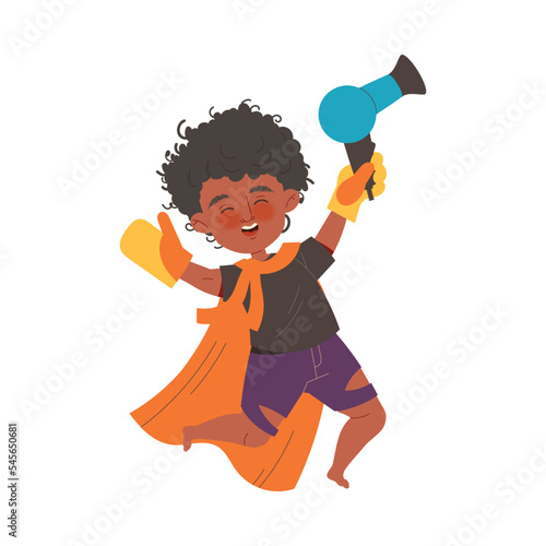 Naughty Little Boy in Cape with Potholder and Hair Dryer Making Mess and Chaos Around Vector Illustration