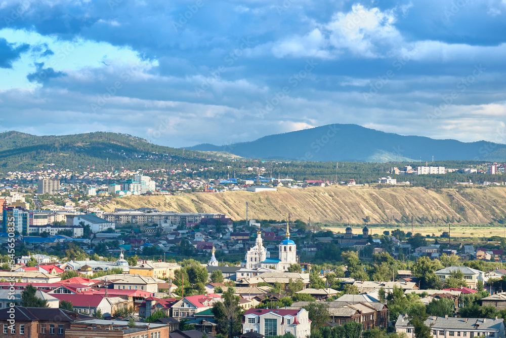 Ulan-Ude, Russia - July 20, 2022: Panoramic view from the height of the city in summer on a bright sunny day.