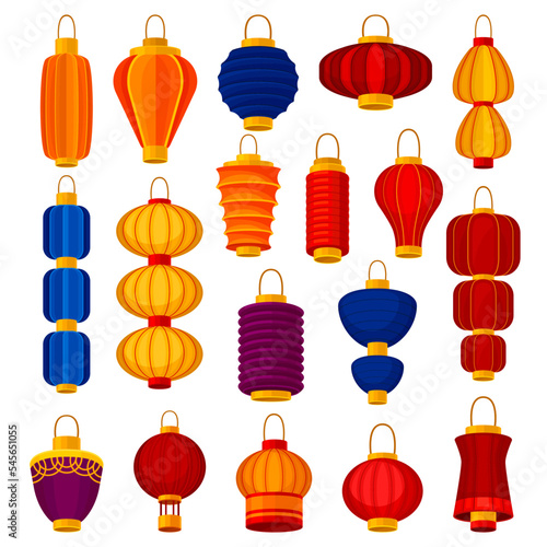 Chinese lanterns circular and cylindrical shapes set. Asian New Year symbols, festive traditional lamps cartoon vector illustration