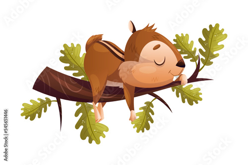 Funny Chipmunk Character with Cute Snout Sleeping on Tree Branch Vector Illustration