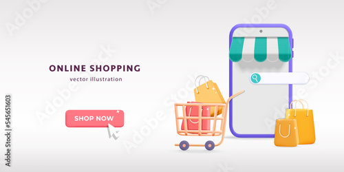 3d vector online store on smartphone with awning, cart with gift bags icon design. Realistic render Online shopping on  Mobile Application search and buy in internet symbols concept. Digital marketing