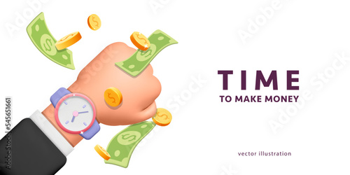 3d vector cartoon render man arm with hand watch or alarm clock and flying around dollar banknote and coins banner design. Making money, investment, business success, annual revenue concept isolated 