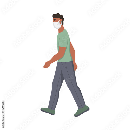 A man with a mask on his face walks. Flat vector illustration