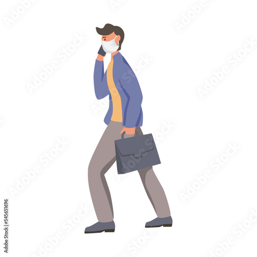 A man with a mask on his face walks. Flat vector illustration