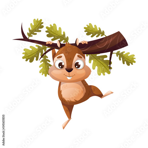 Funny Chipmunk Character with Cute Snout Hanging on Tree Branch Vector Illustration