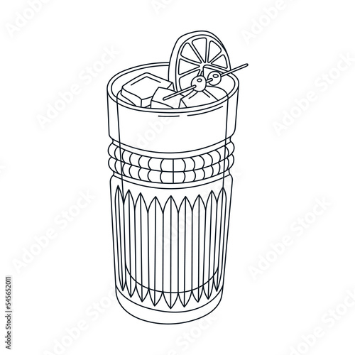 Black and white illustration of a cocktail. Alcohol, city nightlife concept. Drinks in bars and restaurants. Retro style. For prints, menu and advertising design. Hand drawn vector illustration.