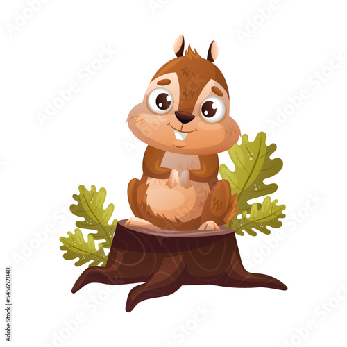Funny Chipmunk Character with Cute Snout Sitting on Tree Stump Vector Illustration