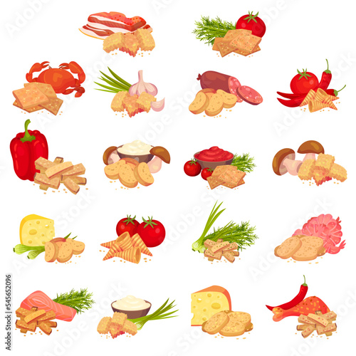 Chips and Snacks with Flavoured Crunchy Crouton Big Vector Set
