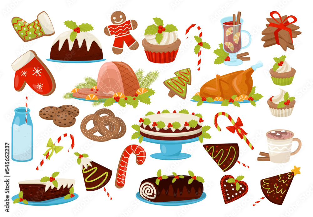Traditional Christmas Eve Treat with Turkey, Cake, Biscuits, Drink and Candy Cane Vector Set