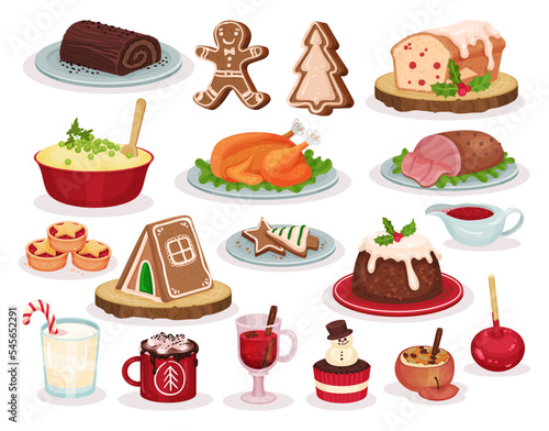 Traditional Christmas Eve Treat with Roasted Chicken, Gingerbread Cookie, Pudding and Warm Spiced Drink Vector Set