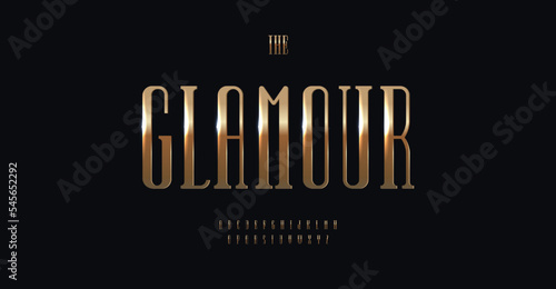 Elegant high font gold glittering color. Serifs narrow typeset, upright lofty alphabet. Luxury letters for premium logo and monogram of restaurant, wedding, jewelry, fashion. Vector typography design
