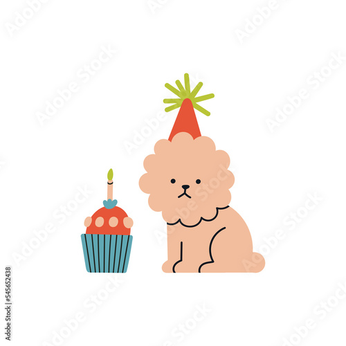 Illustration with a cute puppy and a Birthday cupcake. Funny cartoon style. Can be used in poster, invitation or greeting card design. Birthday party concept. Hand drawn vector illustration.