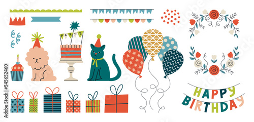Happy Birthday set - elements for posters, invitation or greeting card design. Animals, balloons, garlands, gifts, cake in funny cartoon style. Hand drawn vector illustration. Birthday party concept