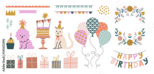 Happy Birthday set - elements for posters, invitation or greeting card design. Animals, balloons, garlands, gifts, cake in funny cartoon style. Hand drawn vector illustration. Birthday party concept