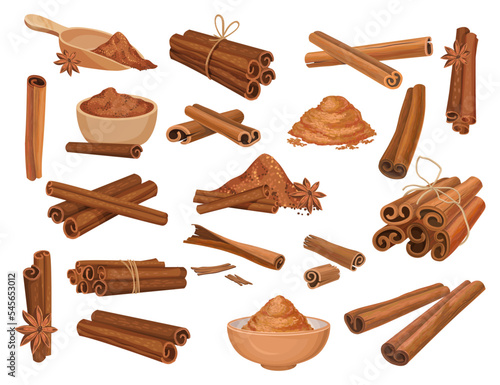 Set of cinnamon sticks and powder. Organic aroma spicy seasoning cartoon vector illustration