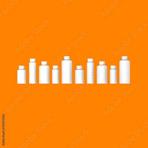 White cosmetic bottles isolated on orange background. Packaging of cosmetics. Ten containers for cosmetics. Square image. 3d image. 3D visualization.