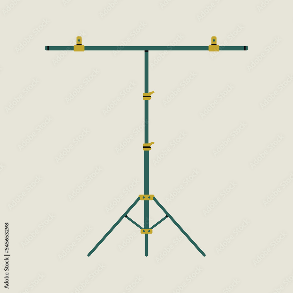 Illustration of a silver metal tripod stand for a paper background, backdrop. Professional photography equipment for studio. Production process. Vector illustration isolated on colorful background Illustration of a silver metal tripod stand for a paper background, backdrop. Professional photography equipment for studio. Production process. Vector illustration isolated on colorful background