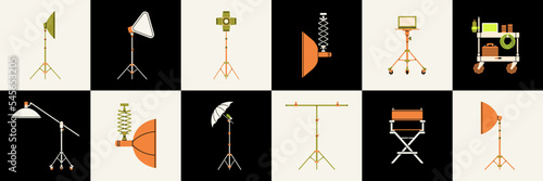 Icons set with professional photography equipment for photo studio. Stand for a backdrop, soft box, reflector, light, umbrella etc. Production process. Vector illustration. Can be used as highlights.