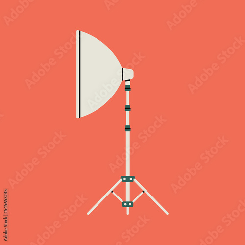 Illustration of a light soft box, reflector, umbrella with a tripod stand. Professional photography equipment for studio lightning. Production process. Vector illustration on colorful background