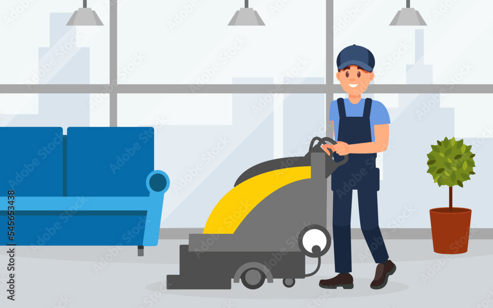 Man professional cleaner in uniform operating floor scrubber machine. Cleaning service company staff flat vector Man professional cleaner in uniform operating floor scrubber machine. Cleaning service company staff flat vector