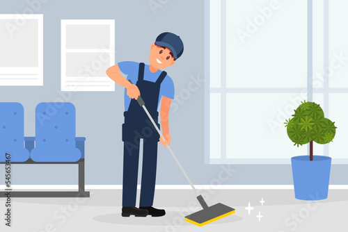 Man professional cleaner in uniform cleaning floor using mop. Cleaning service company staff flat vector