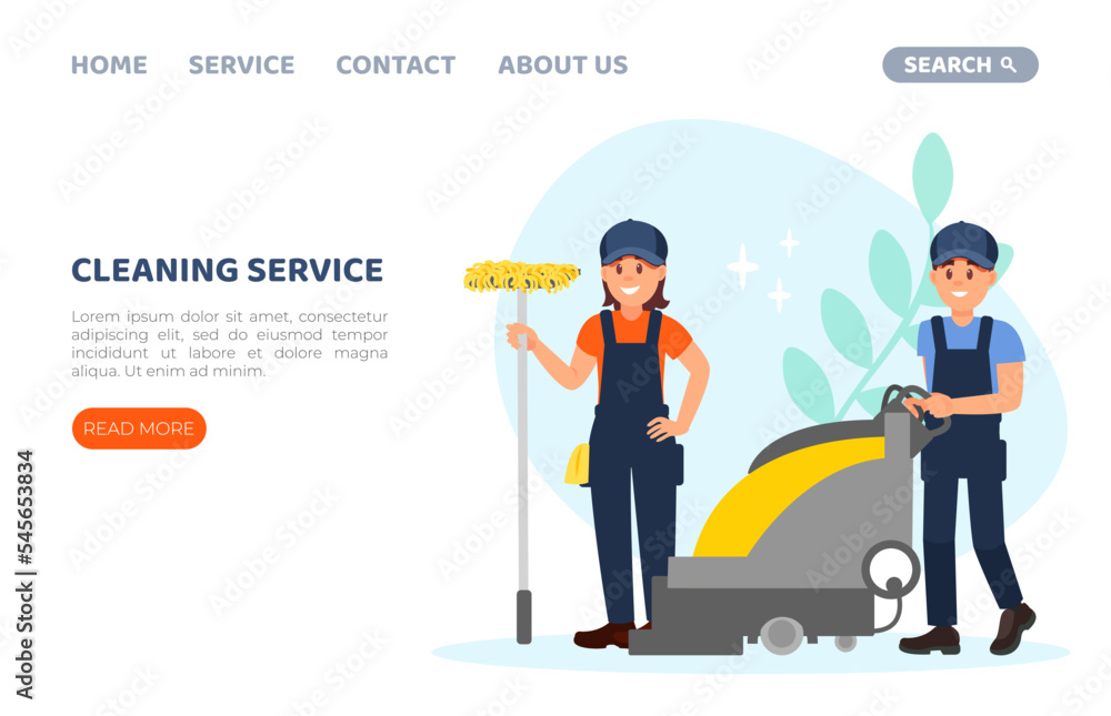 Cleaning service landing page. Professional cleaners in uniform with floor scrubber machine and mop flat vector