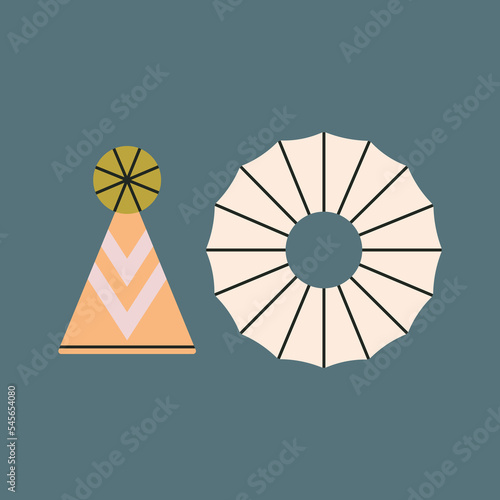 Illustration with children's handmade costume of harlequin, clown. Games, fun, theater and Halloween concept. Hand drawn vector illustration isolated on blue background. Cute style.