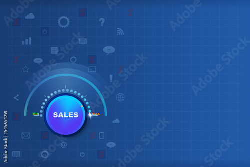 Concept of increase in sales. Power control turned to maximum. Dark blue background. Copy space. Trade. Business.