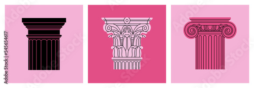 Set of posters with capitals, classical architectural orders made of marble or gypsum. Ancient Greek and Roman art concept. Sculpture, architecture. Hand drawn vector illustrations.
