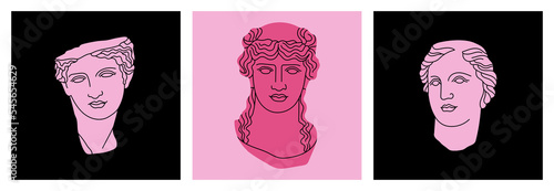Set of posters with mythological heroes heads in marble. Ancient Greek or Roman sculpture style. Cute hand drawn vector illustrations. Museum and art concept.