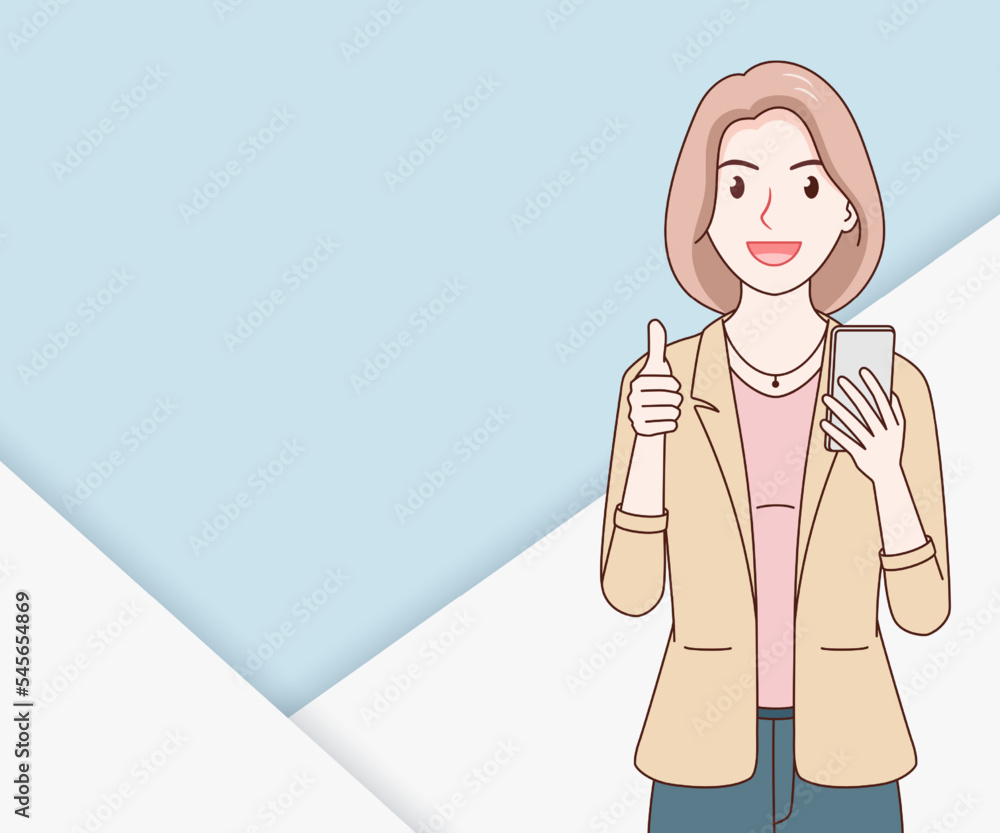 smile business woman wearing a suit using a smartphone on paper cut background. hand drawn with thin lines style. smile business woman wearing a suit using a smartphone on paper cut background. hand drawn with thin lines style.