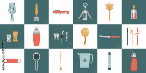 Big icons set with different bartender tools: Strainer, jigger, shaker, corkscrew, muddler etc. Hand drawn vector illustrations. Icons set. Cocktail shaker bar equipment and dish ware. Party concept.