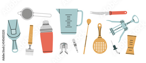 Poster with different bartender tools: strainer, julep, double jigger, shaker
etc. Hand drawn vector illustration isolated on white background. Cocktail shaker bar equipment. Party concept