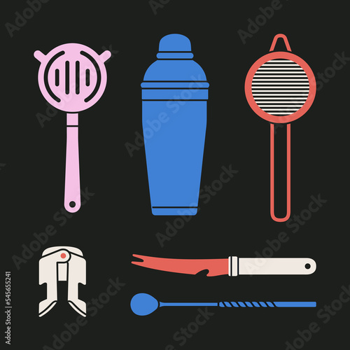 Poster with different bartender tools: strainer, knife, bar spoon, shaker etc. Hand drawn vector illustration isolated on black background. Icons set. Cocktail shaker bar equipment. Party concept