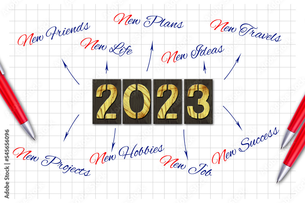 Concept of goals for 2023. Different keywords, and a pen on a notebook sheet. Business. Lifestyle. Concept of goals for 2023. Different keywords, and a pen on a notebook sheet. Business. Lifestyle.