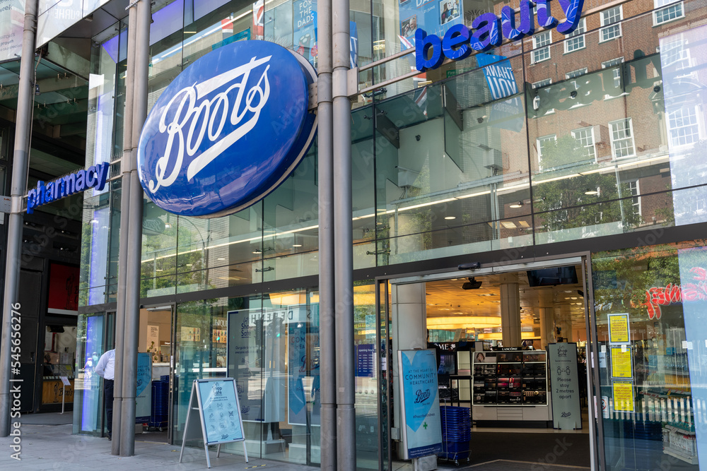 London. UK. 06.13.2020. The entrance and name sign of Boots. A British  national retailer offering pharmacy and beauty products. Stock Photo |  Adobe Stock
