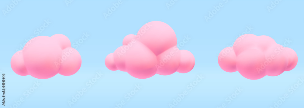 Set of 3d vector realistic render fluffy vanilla pink fantasy fairy tale simple minimal round soft cloud icon design