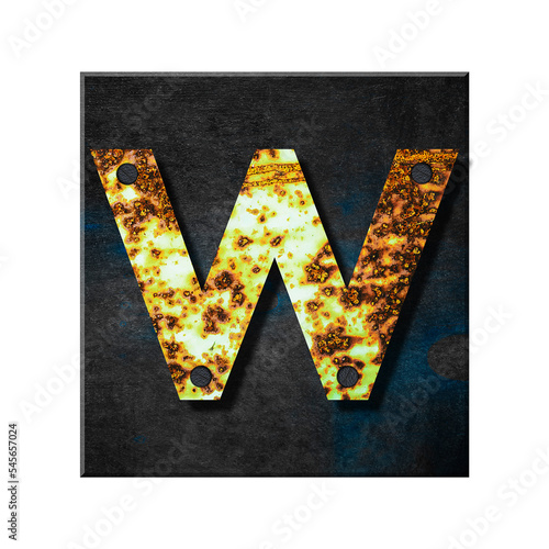 Letter w. Lower case. Alphabet from letters, from rusty iron, on a wooden plank. Isolated on white background. Education. Design