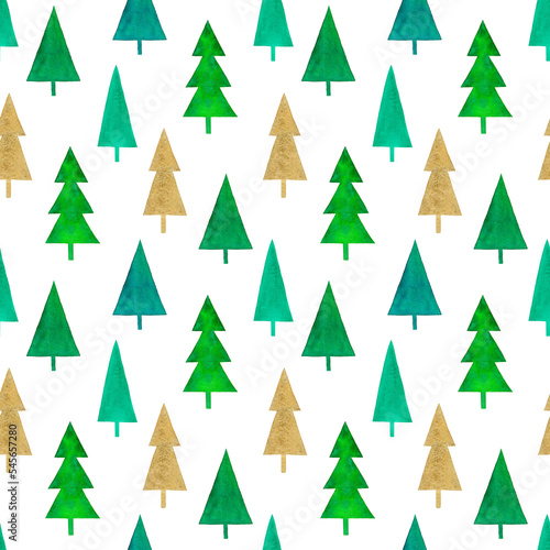 Watercolor christmas trees on white background seamless pattern. Abstract